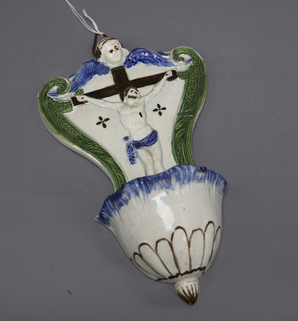 An early 19th century pearlware holy water scoop, length 24cm